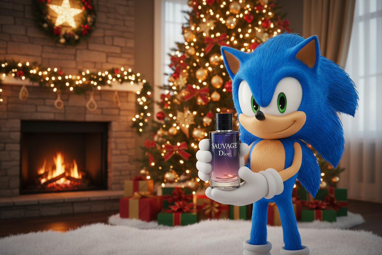 Modry jezek sonic roztomily drzi dior sauvage parfum a za nim vanocni stromek