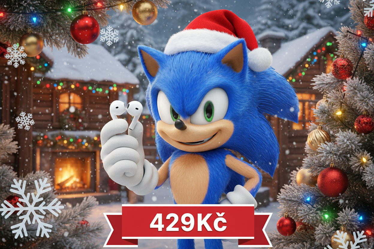 vynocni vibe sonic jezek modry jak drzi airpody a dole text 429kč
